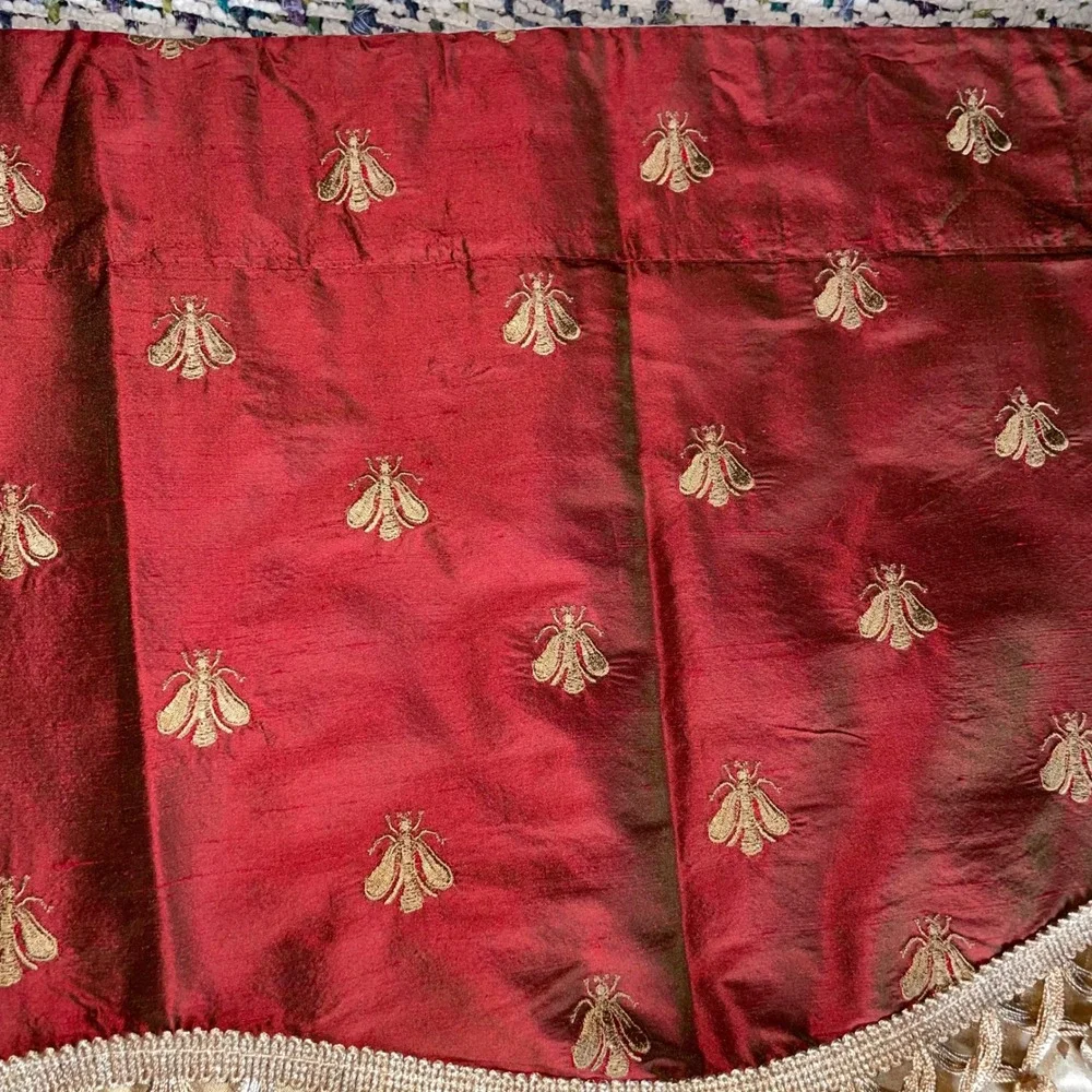Bumblebee Glory Valance silk window treatment embroidered gold bumblebees red
